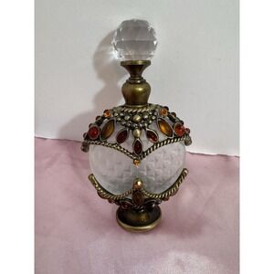 Vintage Perfume Bottle Frosted Glass Rhinestones Vanity Refillable Beautiful
